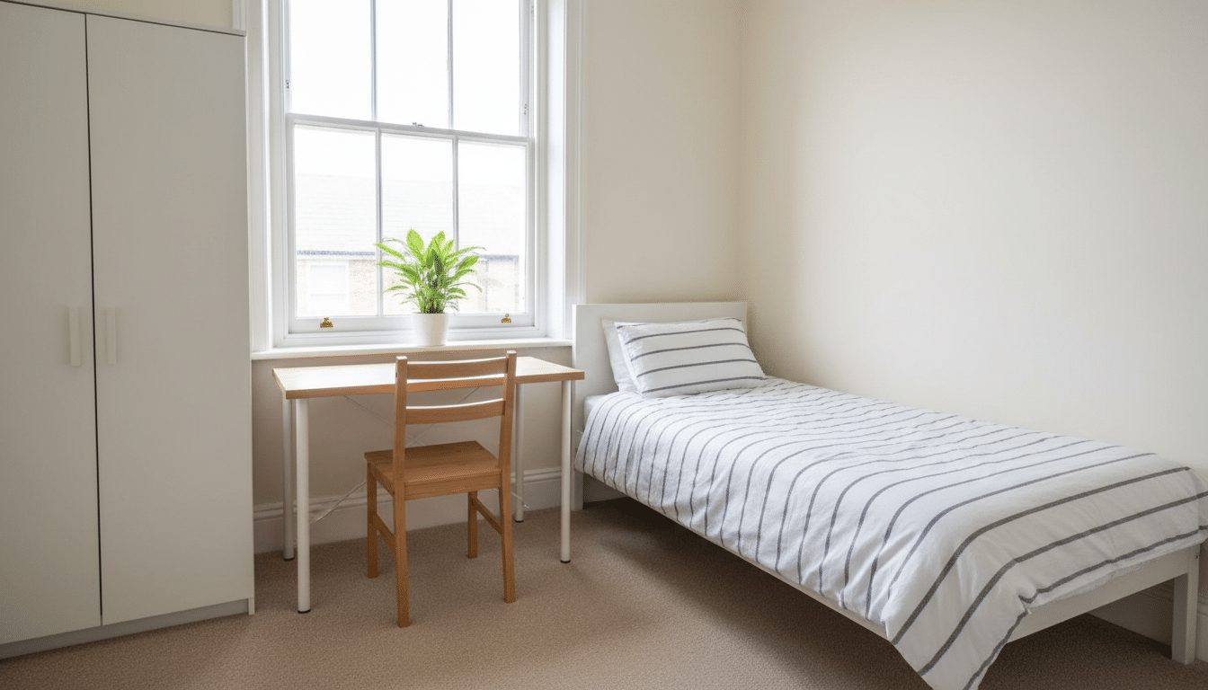 AI-generated image of a bright, tidy furnished single bedroom in a UK shared house