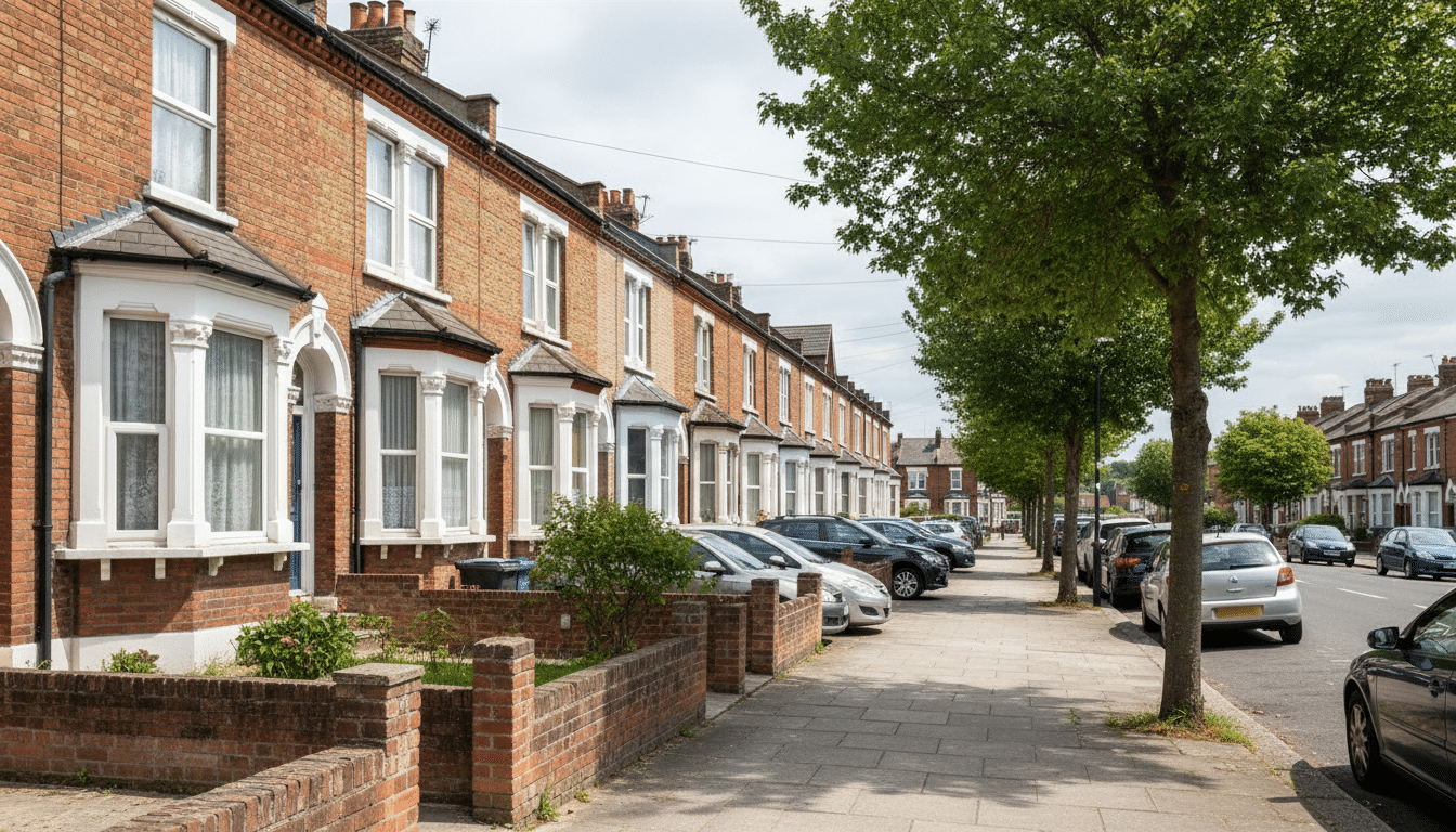 AI-generated image of a row of terraced houses on a residential street in outer London